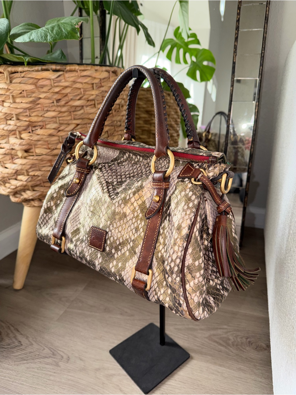 Dooney & Bourke Rare Snake-Print Python Leather Satchel With Red Trim